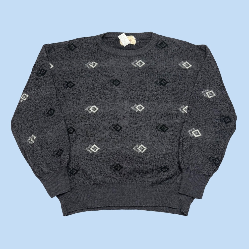 Amita Vintage Made in Italy Wool Blend Geometric Diamond Knit Sweater Gray